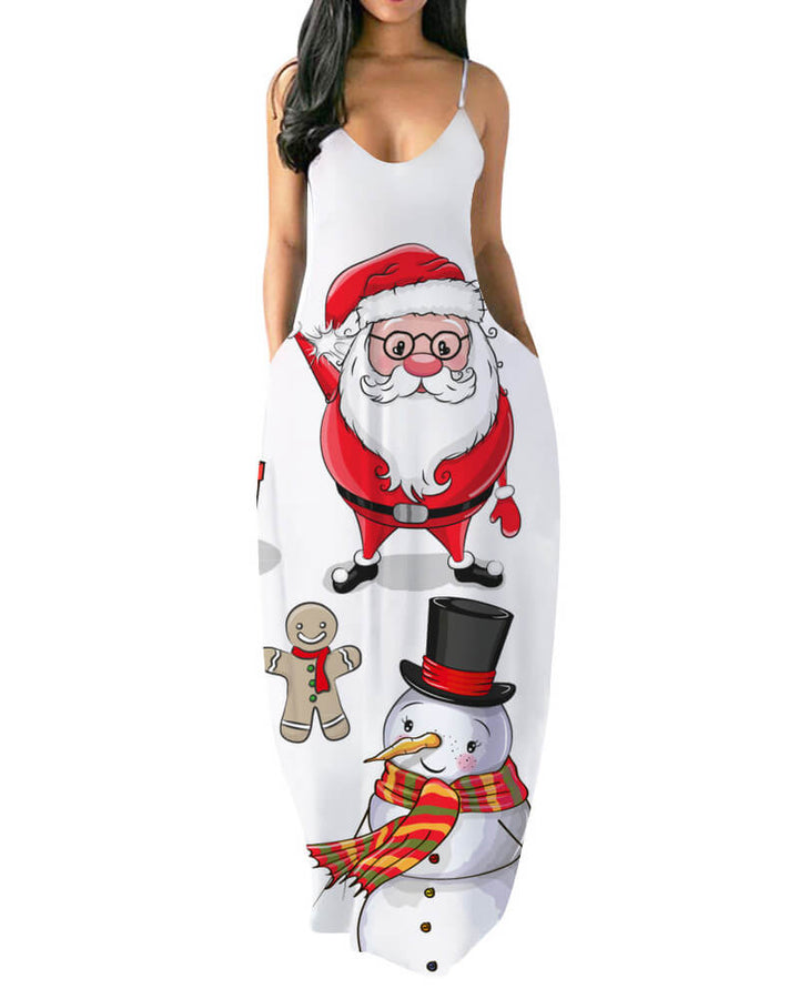 Christmas Santa Snowman Print Maxi Slip Beach Party Dress