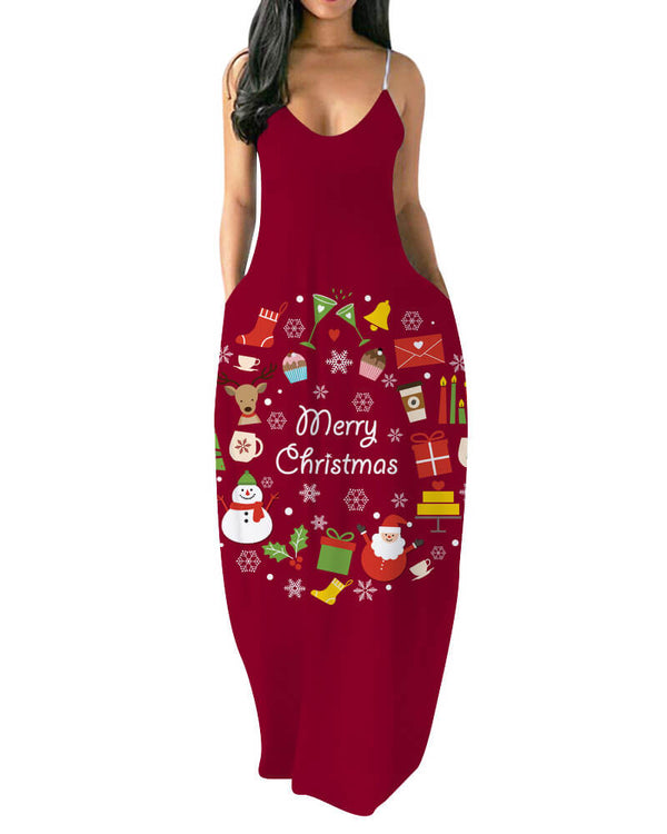 Merry Christmas Print Red Maxi Slip Beach Party Dress