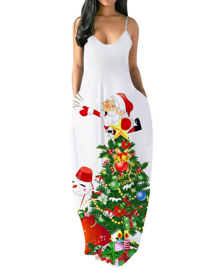 Merry Christmas Santa Snowman Print Maxi Slip Beach Party Dress
