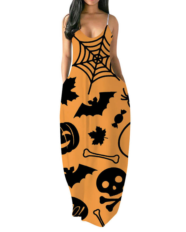 Halloween Bat Skull Print Maxi Slip Beach Party Dress