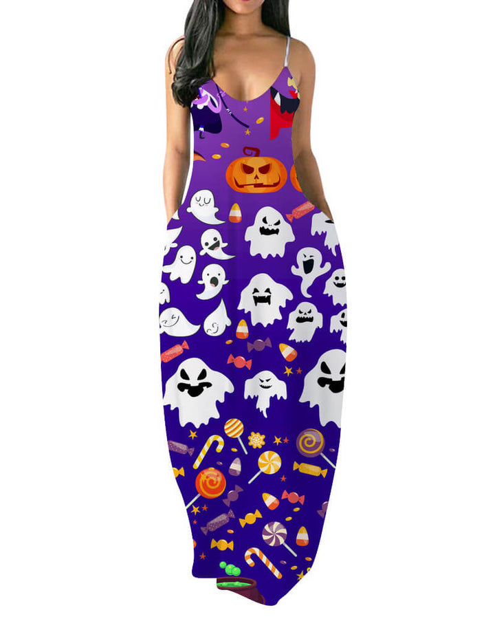 Halloween Ghost Pumpkin Print Maxi Slip Beach Party Dress