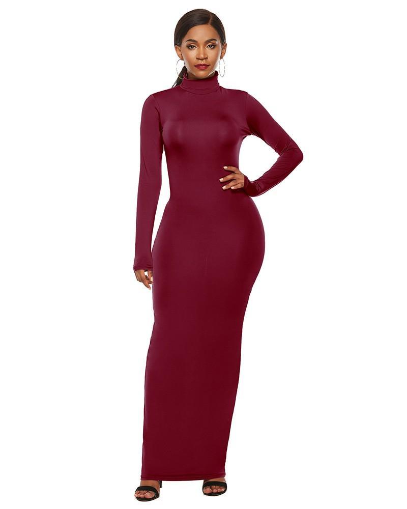 Plus Size Casual Dark Red High Neck Long Sleeve Bodycon Maxi Dress ...