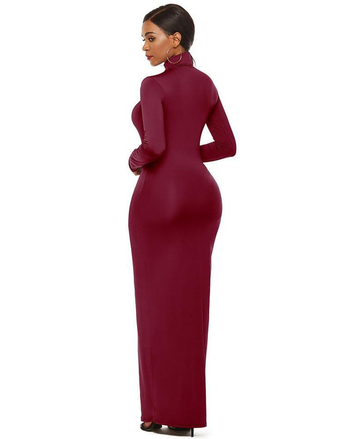 Plus Size Casual Dark Red High Neck Long Sleeve Bodycon Maxi Dress - pinkfad