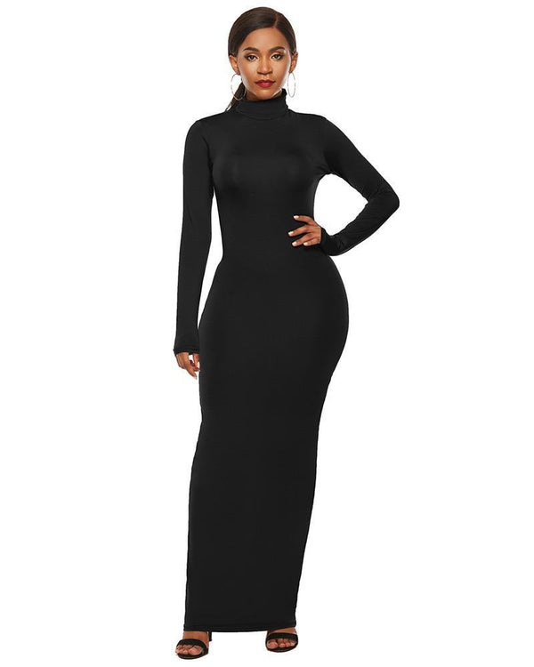 Black High Neck Long Sleeve Casual Maxi Bodycon Dress