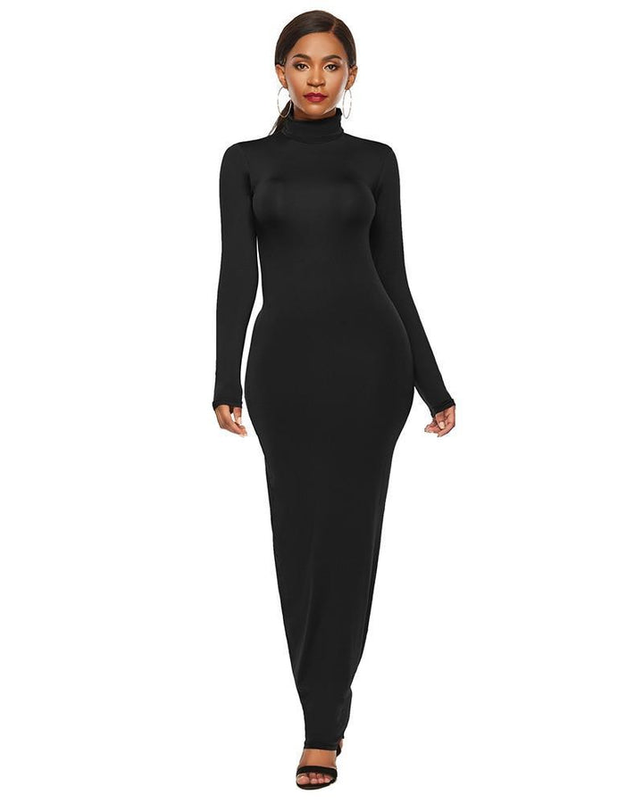 Plus Size Black High Neck Long Sleeve Casual Maxi Bodycon Dress - pinkfad