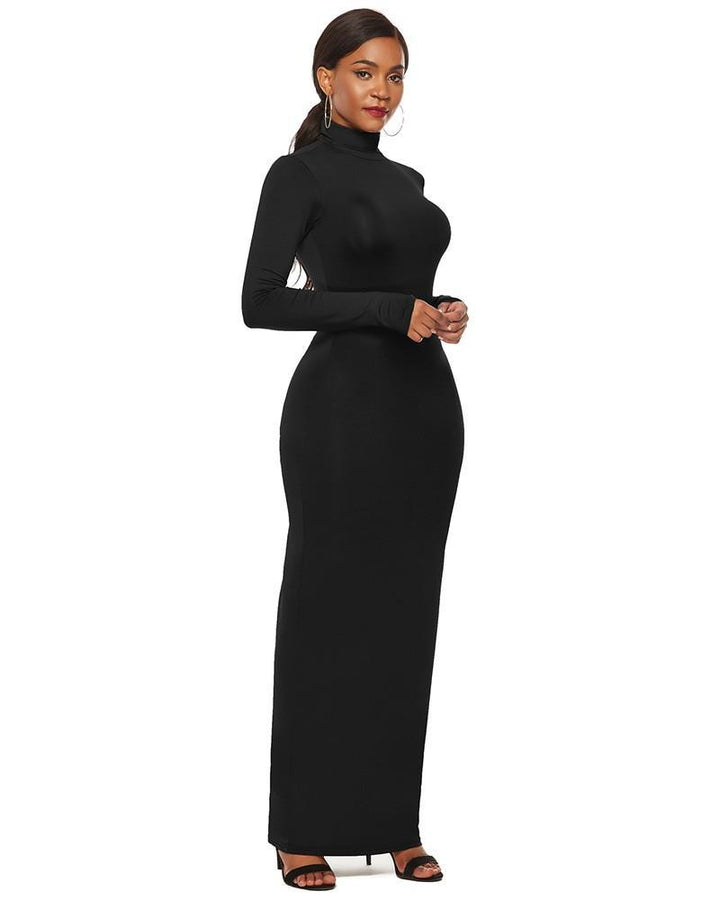 Plus Size Black High Neck Long Sleeve Casual Maxi Bodycon Dress - pinkfad