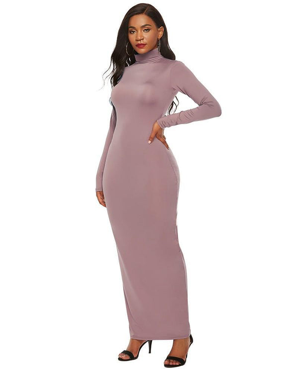Light Purple High Neck Long Sleeve Casual Maxi Bodycon Dress