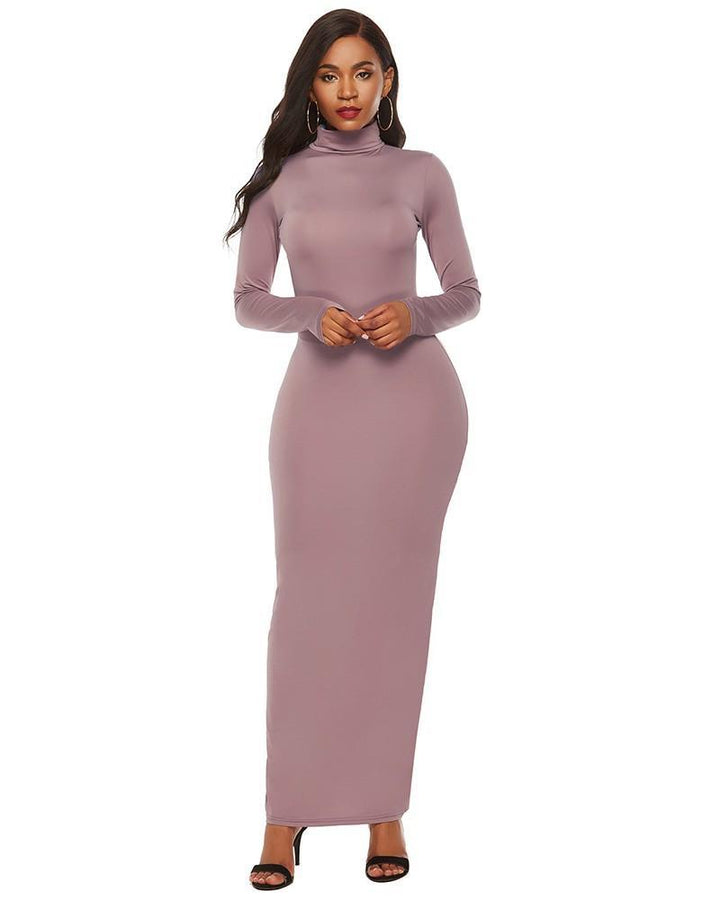 Plus Size Light Purple High Neck Long Sleeve Casual Maxi Bodycon Dress - pinkfad