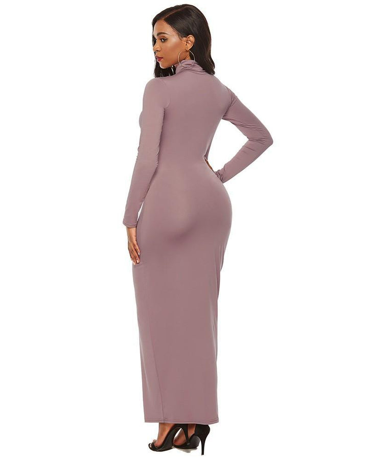 Plus Size Light Purple High Neck Long Sleeve Casual Maxi Bodycon Dress - pinkfad