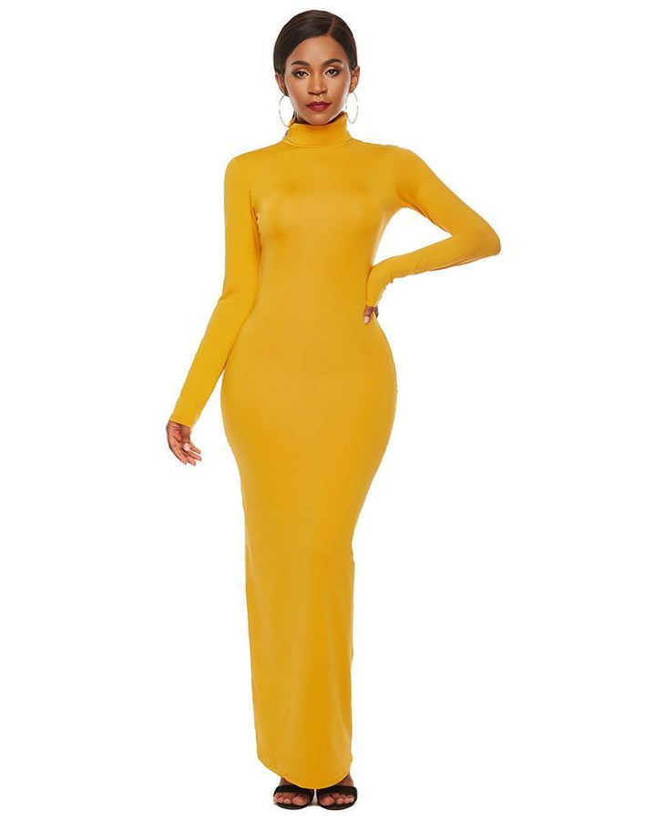 Casual Yellow High Neck Long Sleeve Maxi Bodycon Dress