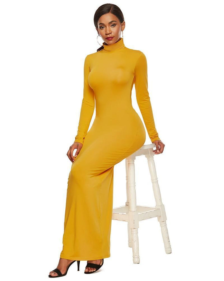 Plus Size Casual Yellow High Neck Long Sleeve Maxi Bodycon Dress - pinkfad