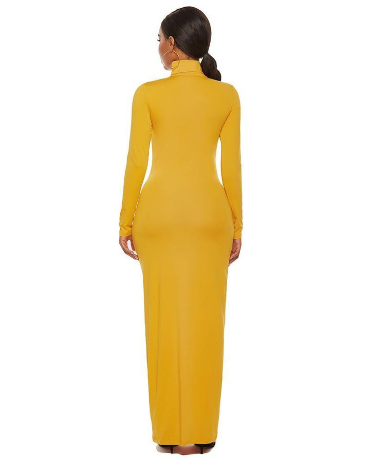 Plus Size Casual Yellow High Neck Long Sleeve Maxi Bodycon Dress - pinkfad