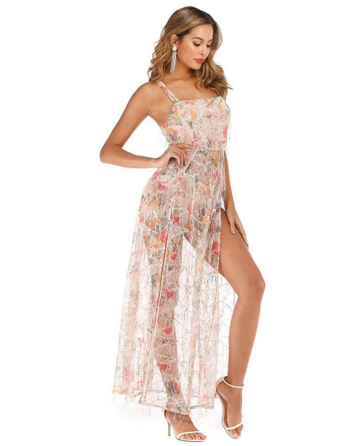 Floral Print Tassel Sequin See Through High Split Maxi Slip Dress - pinkfad