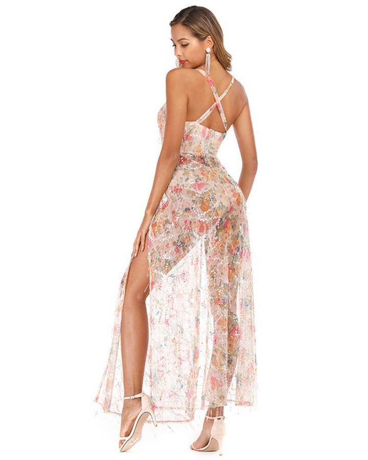 Floral Print Tassel Sequin See Through High Split Maxi Slip Dress - pinkfad