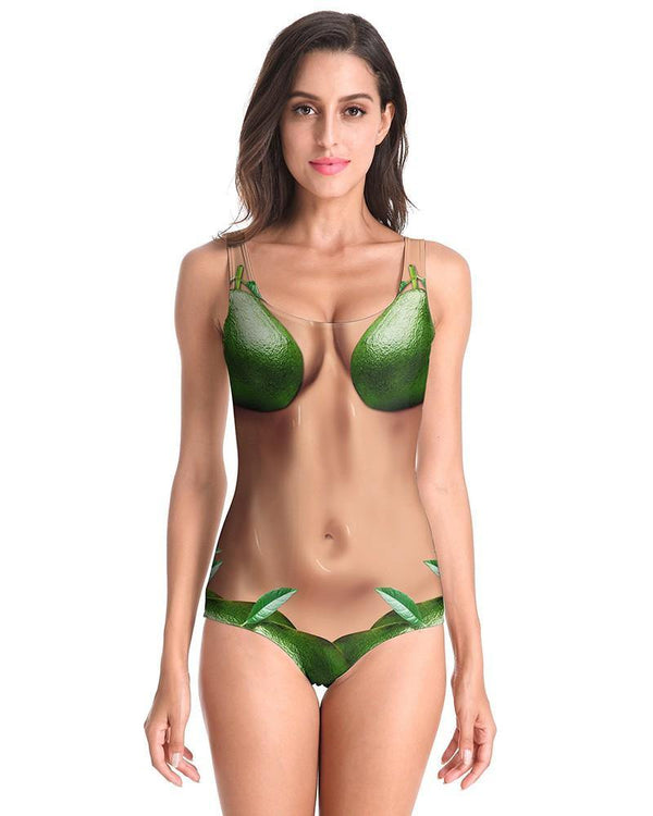 Green Bikini And Skin Print One Piece Swimsuit Monokini