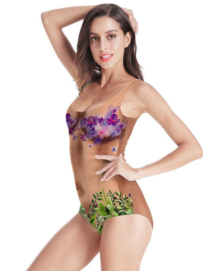Floral Grass And Chest Belly Skin Print One Piece Swimsuit Monokini - pinkfad
