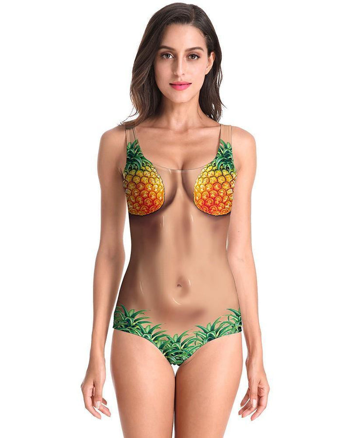 Pineapple Chest And Belly Skin Print One Piece Swimsuit Monokini