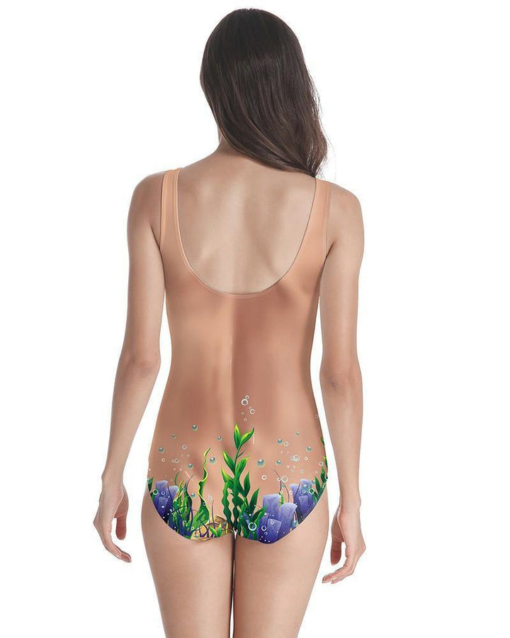 Blue Bird Sea World Chest Belly Skin Print One Piece Swimsuit Monokini - pinkfad