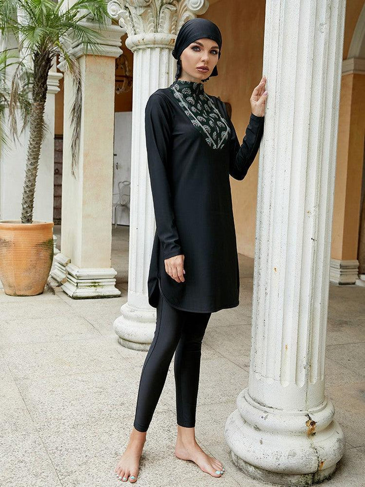 Womens Black Sporty Long Sleeve Full Coverage Islamic Swimsuit Burkini - pinkfad