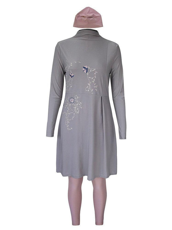 Muslim Islamic Grey Embroidered Long Sleeve Full Coverage Swimsuit