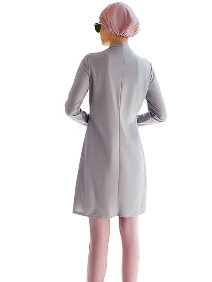Muslim Islamic Grey Embroidered Long Sleeve Full Coverage Swimsuit - pinkfad