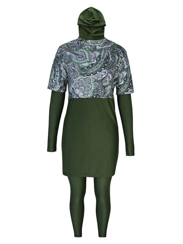 Paisley Floral Print Green Full Coverage Long Sleeve Burkini Swimwear