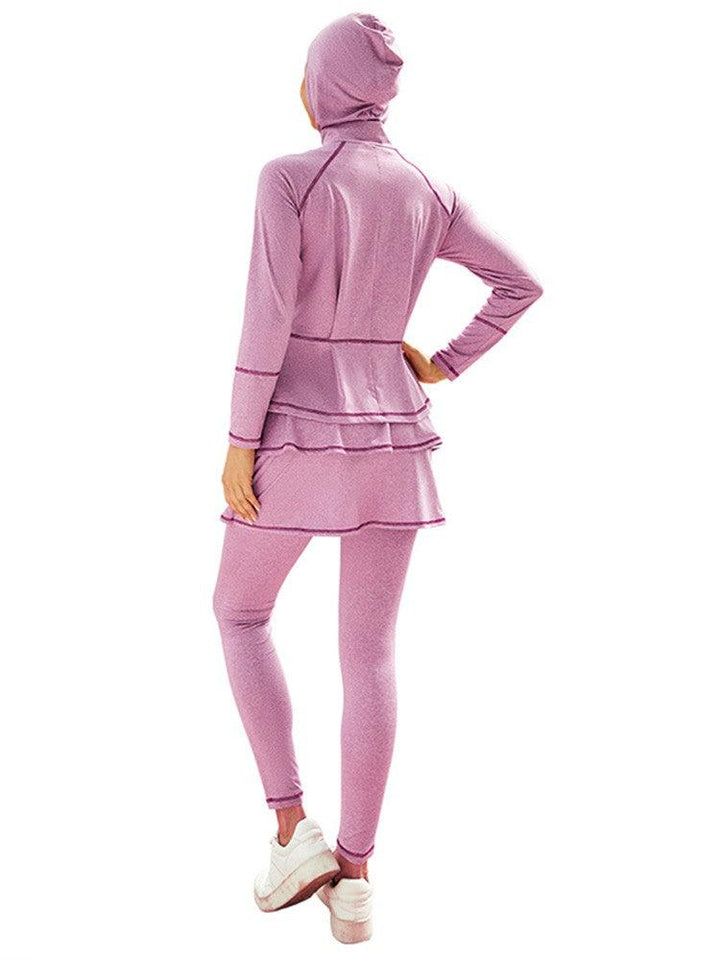 Sporty Skirt Suit Style Long Sleeve Full Coverage Burkini Swimwear - pinkfad