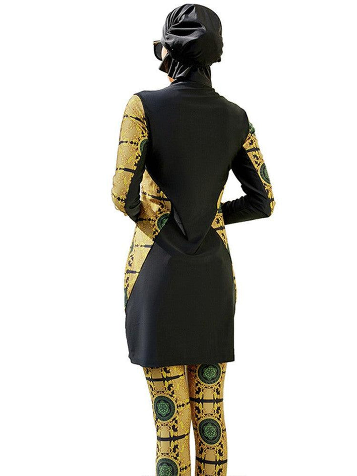 Hexagram Print Yellow Black Full Coverage Long Sleeve Burkini Swimsuit - pinkfad