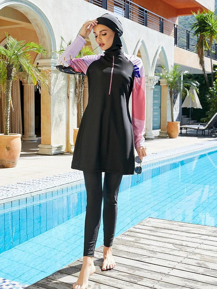 Islamic Zipper Front Long Sleeve Sporty Full Coverage Burkini Swimsuit - pinkfad