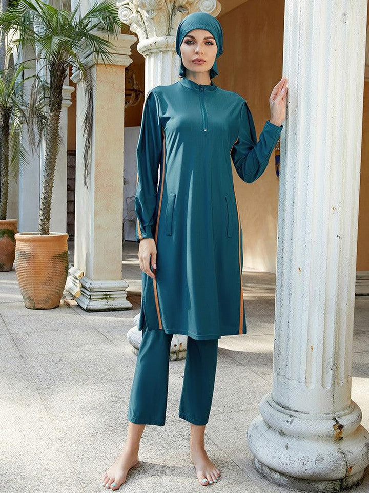 Muslim Long Sleeve Zipper Front Full Coverage Burkini Islamic Swimwear - pinkfad