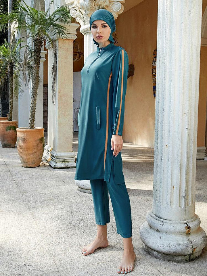 Muslim Long Sleeve Zipper Front Full Coverage Burkini Islamic Swimwear - pinkfad
