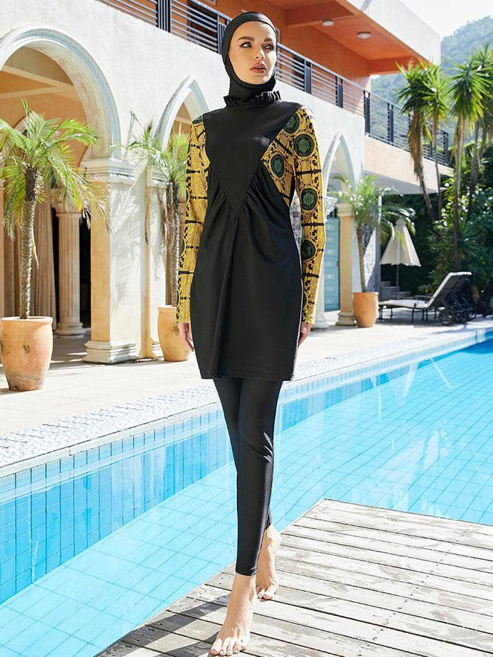 V Ruched Hexagram Print Long Full Coverage Muslim Islamic Swimsuit - pinkfad