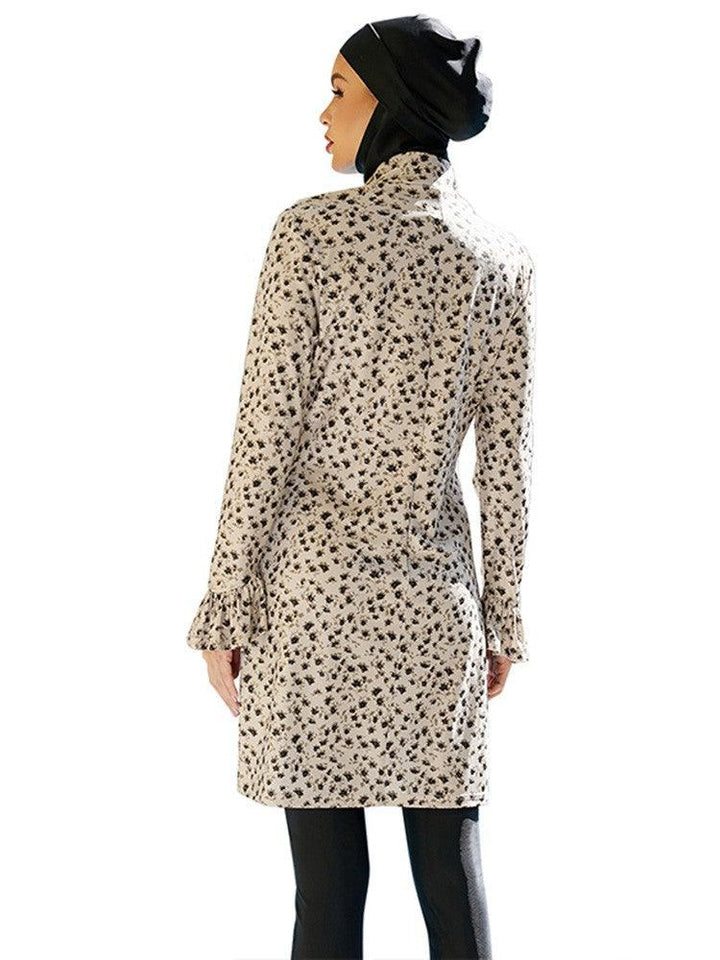 Beige Leopard Print Ruched Long Full Coverage Muslim Islamic Swimwear - pinkfad