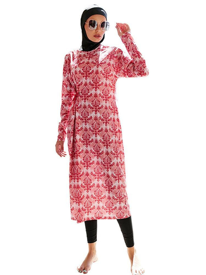 Vintage Leaf Floral Print Long Dress Full Coverage Islamic Swimwear