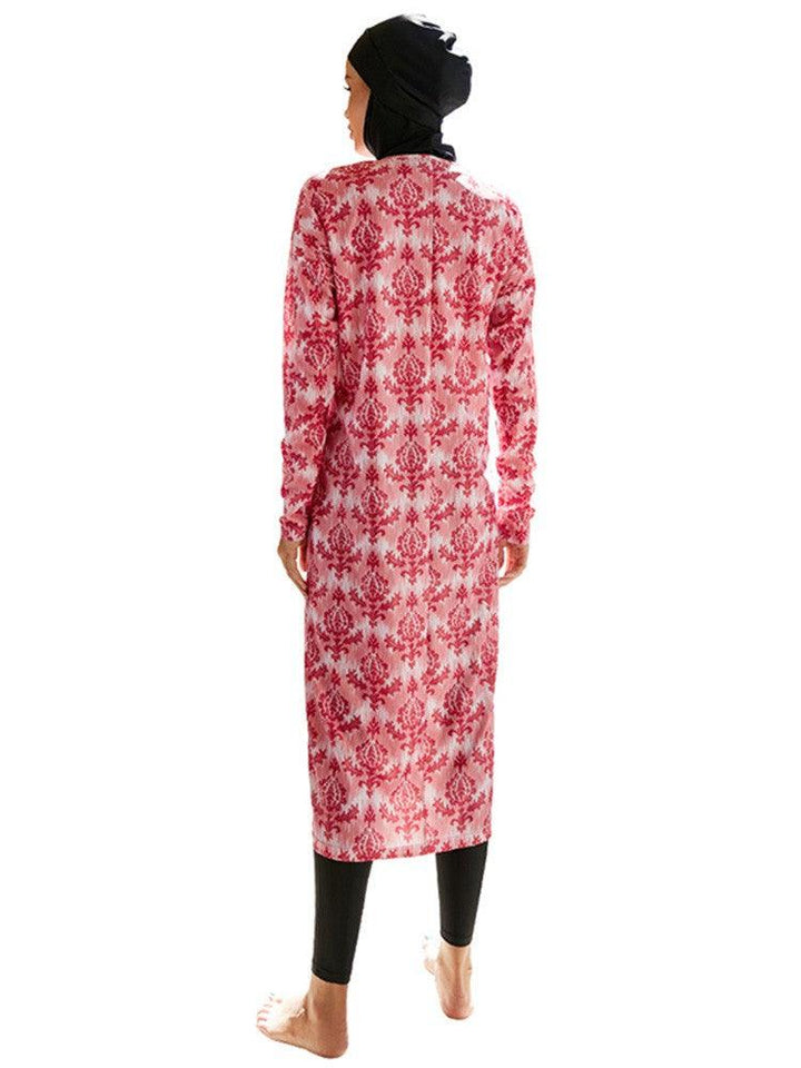 Vintage Leaf Floral Print Long Dress Full Coverage Islamic Swimwear - pinkfad