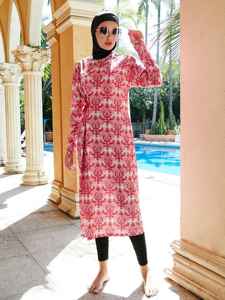 Vintage Leaf Floral Print Long Dress Full Coverage Islamic Swimwear - pinkfad