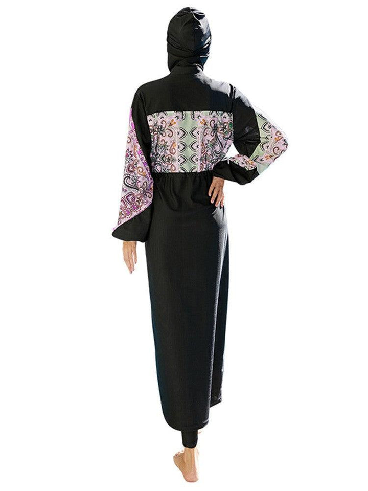 Long Flutter Sleeves Paisley Print Zipper Front Islamic Swimwear - pinkfad