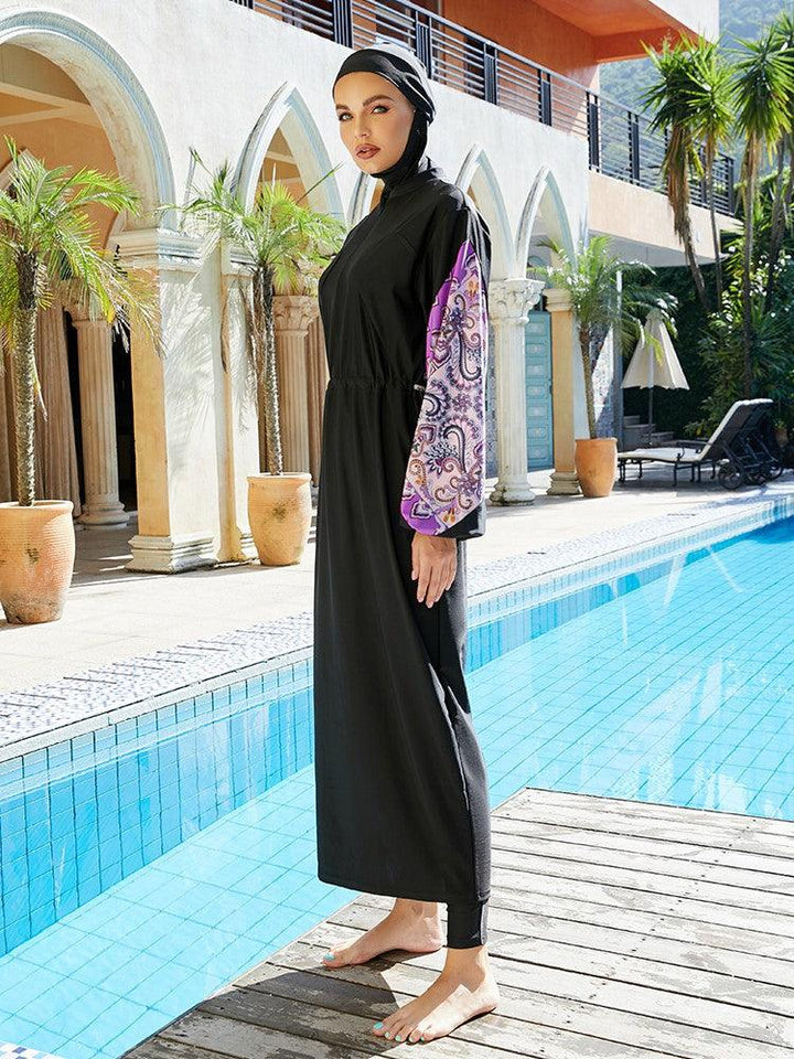 Long Flutter Sleeves Paisley Print Zipper Front Islamic Swimwear - pinkfad