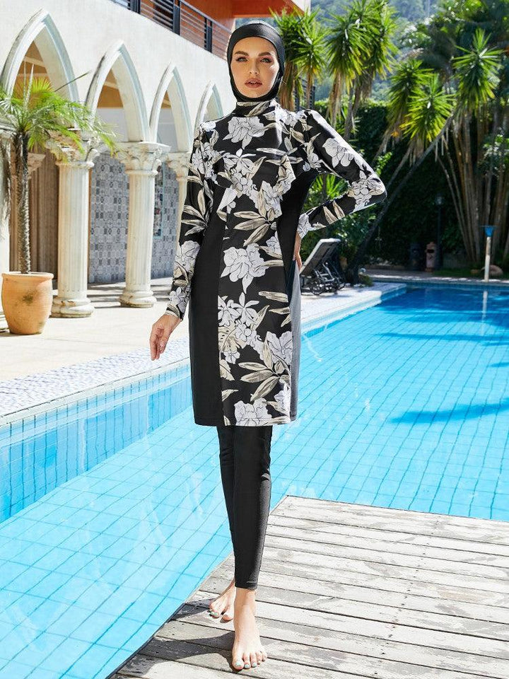 White Floral Print Black Full Coverage Muslim Burkini Islamic Swimsuit - pinkfad