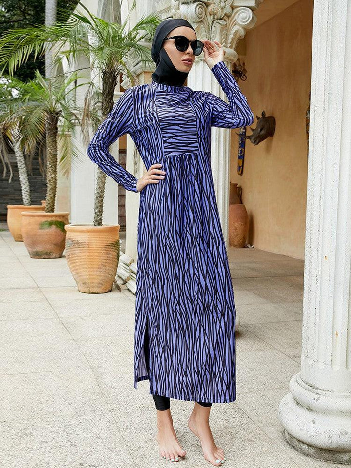 Irregular Stripes Print Full Coverage Islamic Burkini Muslim Swimwear - pinkfad