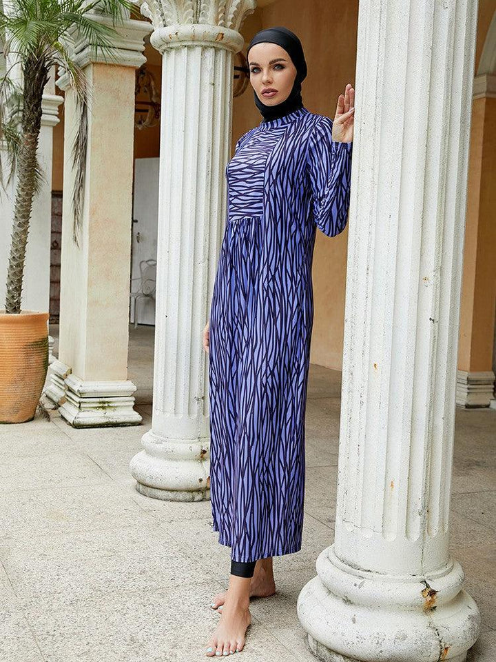 Irregular Stripes Print Full Coverage Islamic Burkini Muslim Swimwear - pinkfad