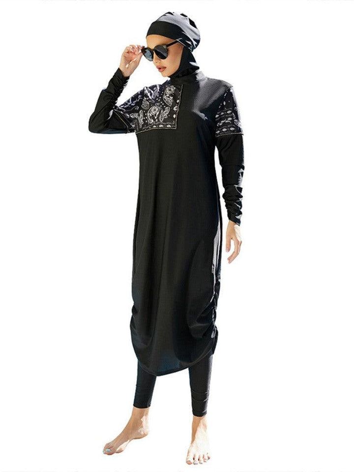 Paisley Print Black Full Coverage Long Sleeve Muslim Burkini Swimwear