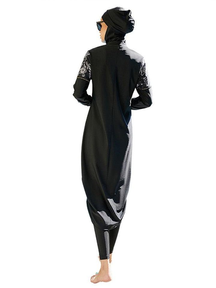 Paisley Print Black Full Coverage Long Sleeve Muslim Burkini Swimwear - pinkfad
