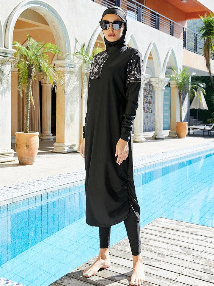 Paisley Print Black Full Coverage Long Sleeve Muslim Burkini Swimwear - pinkfad