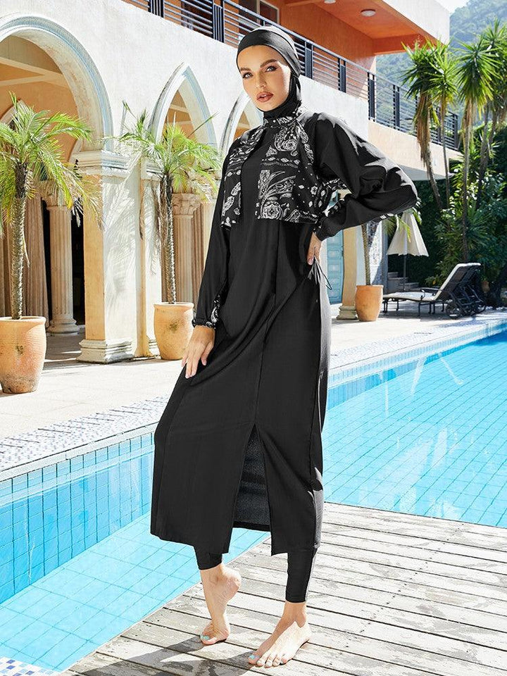 Flutter Vest Mixed Paisley Print Full Coverage Muslim Burkini Swimsuit - pinkfad