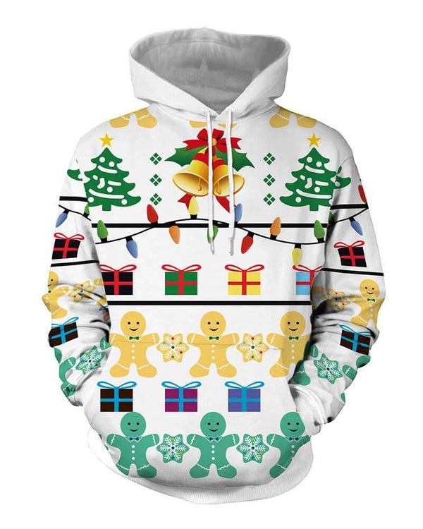 Christmas Elements Printed Hooded Pullover White Unisex Hoodie