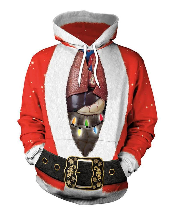 Ugly Christmas Claus Cloak With Viscera Insert Printed Pullover Hoodie