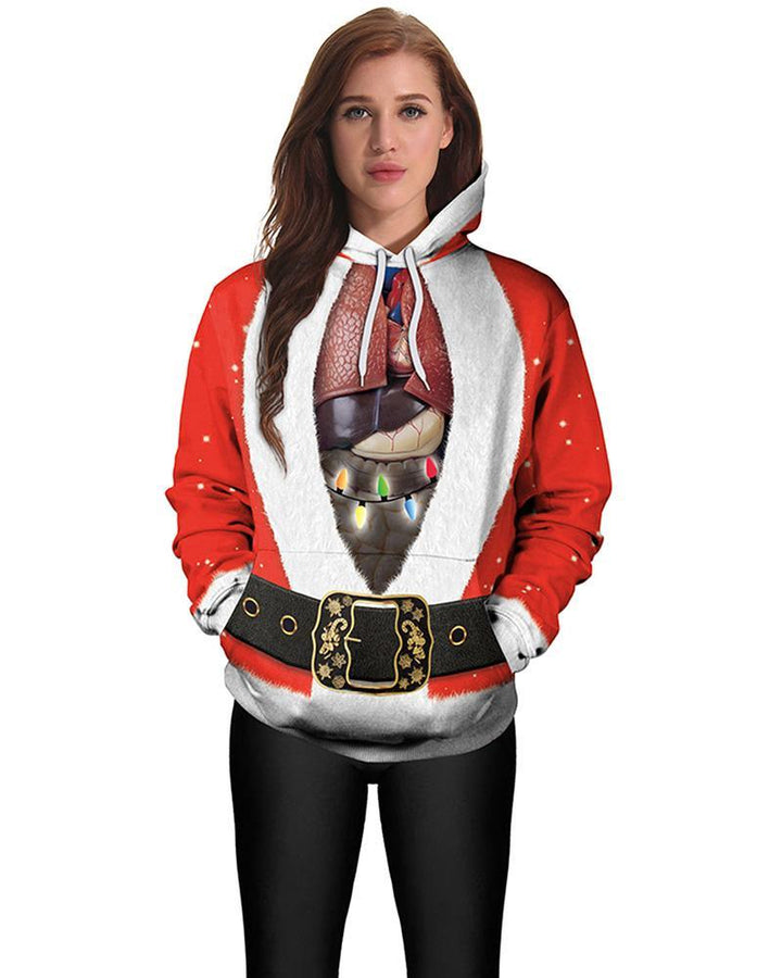 Ugly Christmas Claus Cloak With Viscera Insert Printed Pullover Hoodie - pinkfad