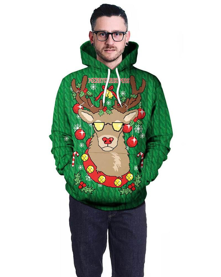 Green Reindeer Ugly Christmas Sweater Printed Unisex Pullover Hoodie - pinkfad