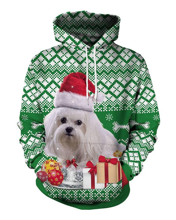 Dog In Christmas Hat And Gifts Printed Green Pullover Unisex Hoodie